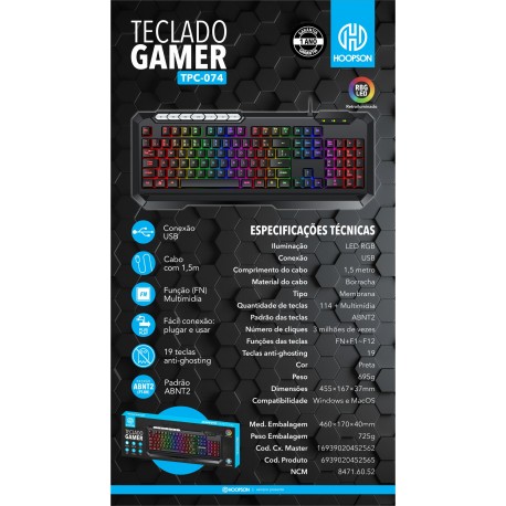 TECLADO USB GAMER RGB LED HOOPSON MOD TPC-074