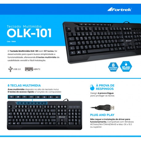TECLADO FORTREK MULTIMIDIA USB OLK101 MOD 75858