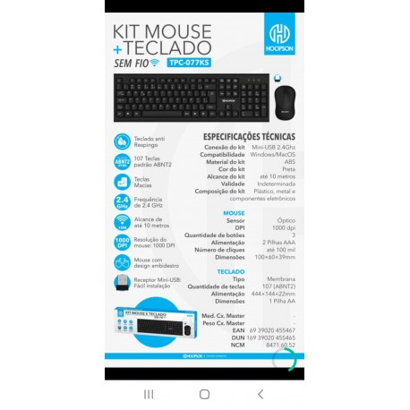 TECLADO+MOUSE HOOPSON S/ FIO MOD TPC-077KS