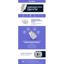 CARREGADOR TOMADA USB/USB-C 20W FORTREK FK110B MOD 82661