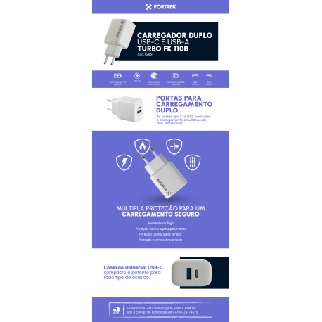 CARREGADOR TOMADA USB/USB-C 20W FORTREK FK110B MOD 82661