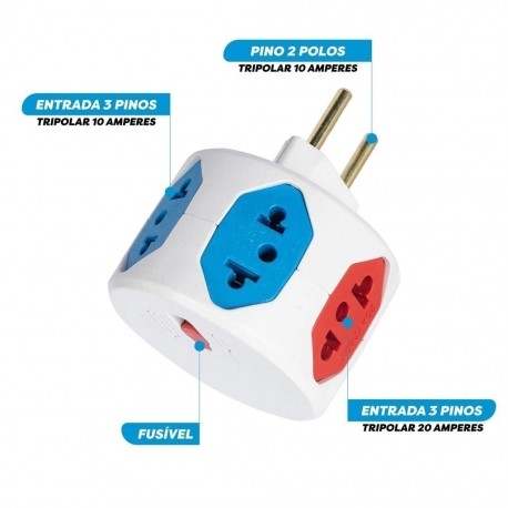 ADAPTADOR TOMADA ESFERA COLORIDO 5 SAIDAS 10A / 1 SAIDA 20A COM FUSÍVEL