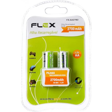 PACK C/ 2 PILHAS AA RECARREGÁVEIS 2700mAH FLEXGOLD MOD FX-AA27B2