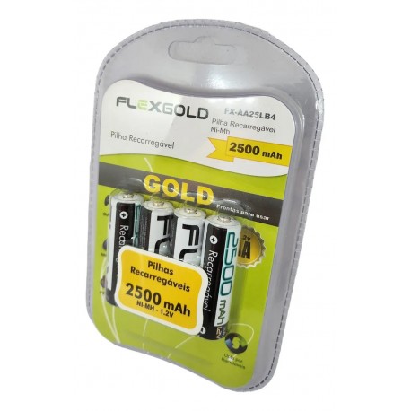 PACK C/ 4 PILHAS AA RECARREGÁVEIS 2500mAH FLEXGOLD MOD FX-AA25B4