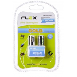 PACK C/ 2 PILHAS AA RECARREGÁVEIS 2500mAH FLEXGOLD MOD FX-AA25LB2