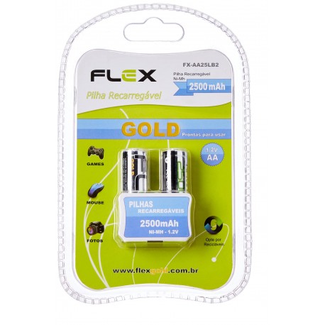 PACK C/ 2 PILHAS AA RECARREGÁVEIS 2500mAH FLEXGOLD MOD FX-AA25LB2