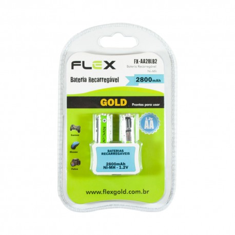 PACK C/ 2 PILHAS AA RECARREGÁVEIS 2800mAH FLEXGOLD MOD FX-AA28LB2