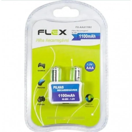 PACK C/ 2 PILHAS AAA RECARREGÁVEIS 1100mAH FLEXGOLD MOD FX-AAA11B2